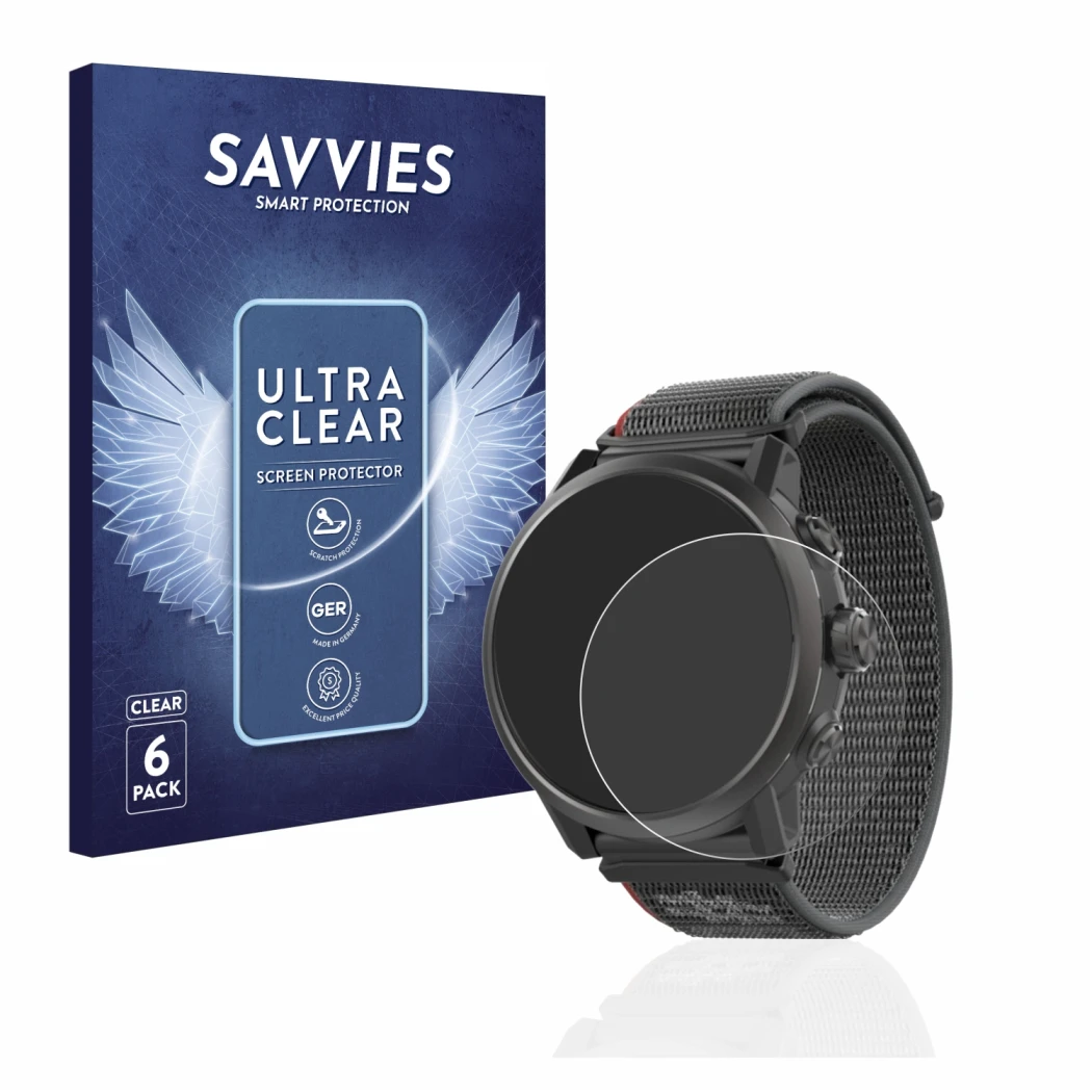 Parte frontal de un envase de producto con el logotipo de la marca Savvies. Al lado se muestra el dispositivo Coros Apex 2 con