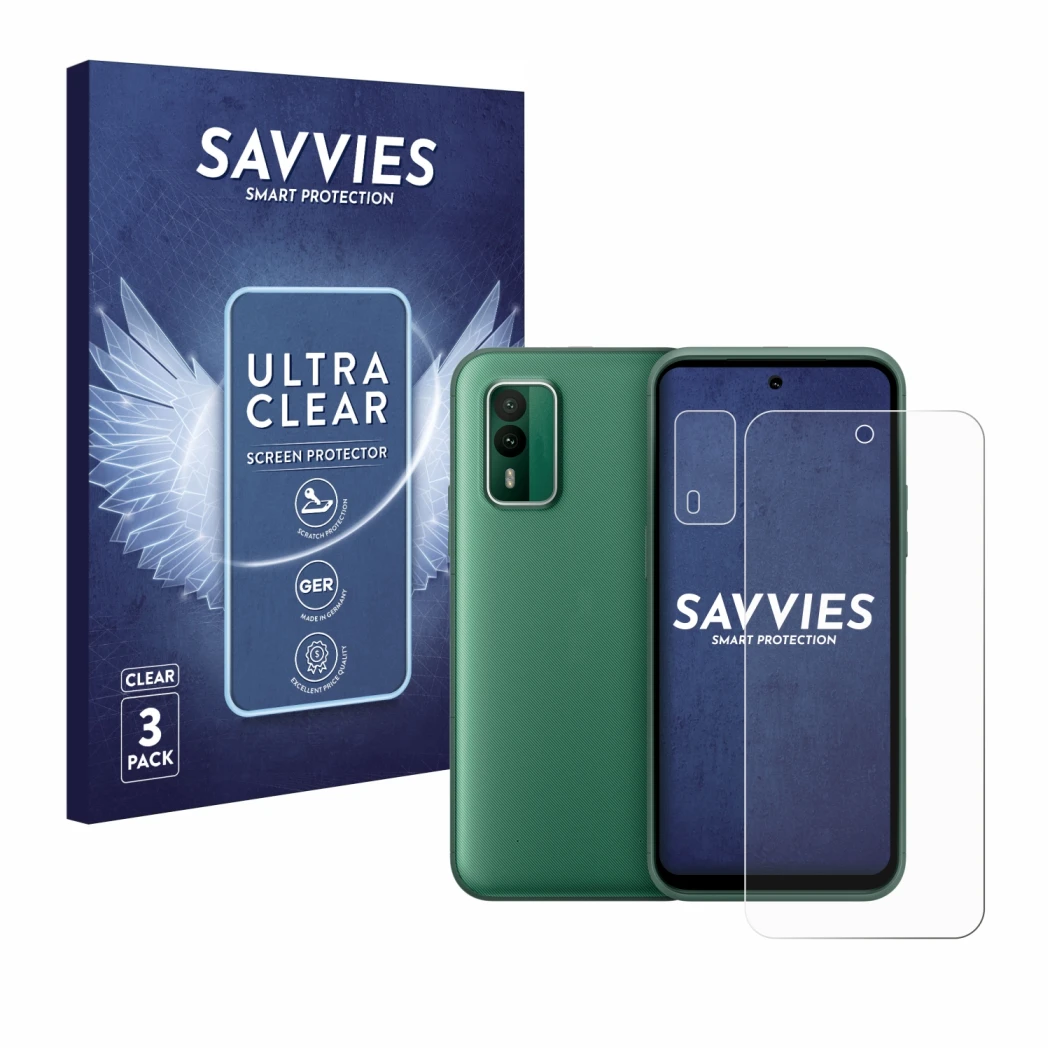 Parte frontal de un envase de producto con el logotipo de la marca Savvies. Al lado se muestra el dispositivo Nokia XR21 (Fron