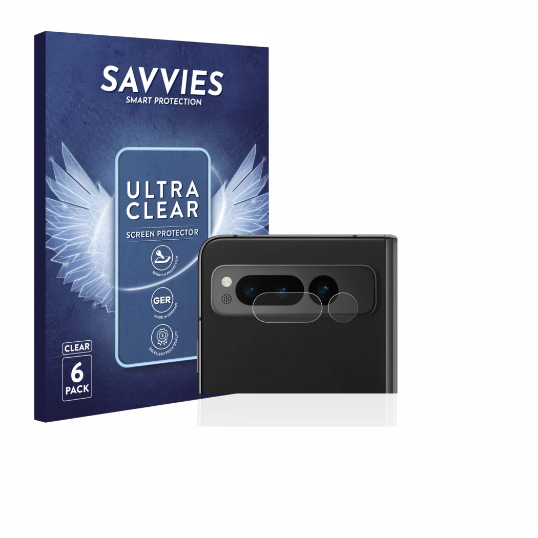 Parte frontal de un envase de producto con el logotipo de la marca Savvies. Al lado se muestra el dispositivo Google Pixel Fol