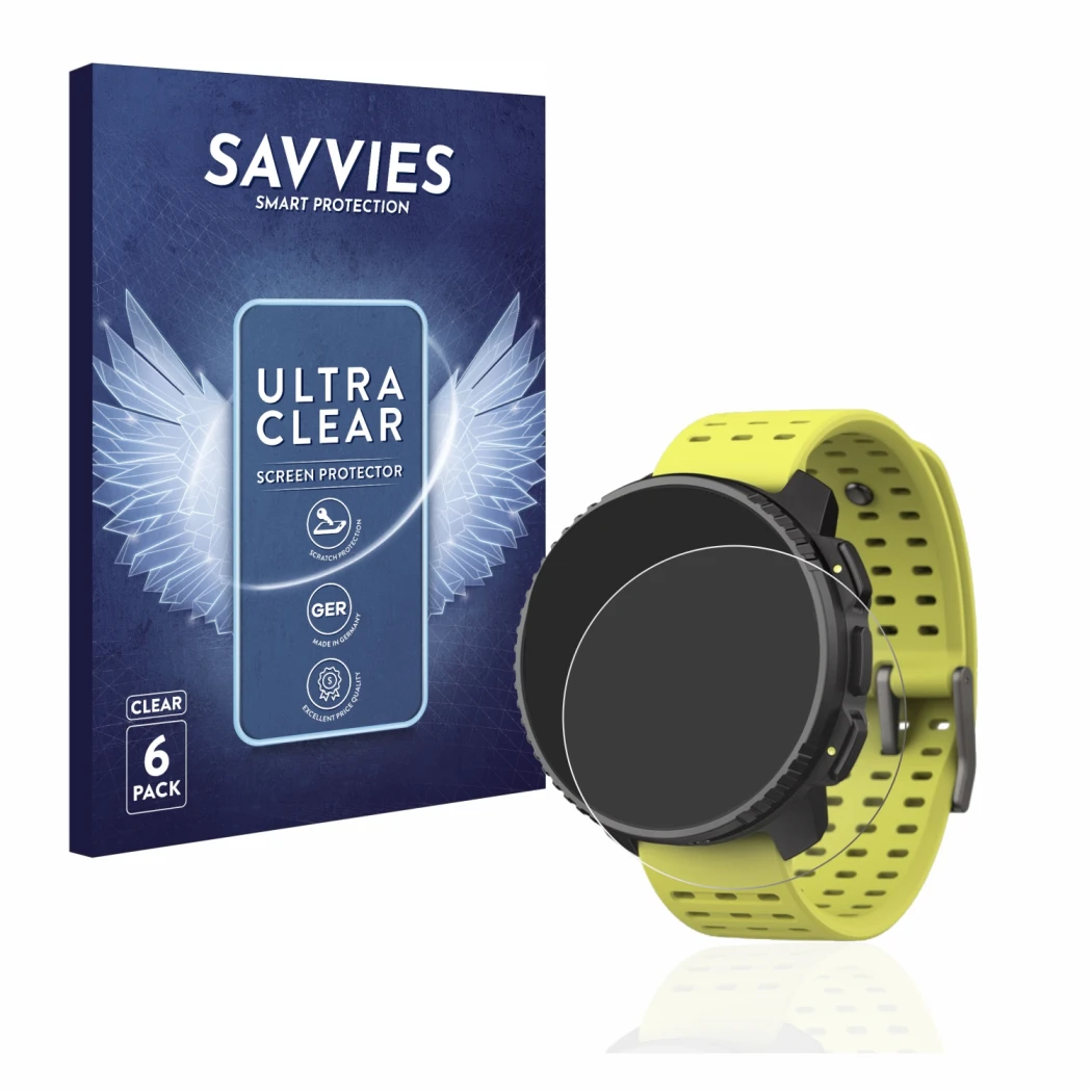 Parte frontal de un envase de producto con el logotipo de la marca Savvies. Al lado se muestra el dispositivo Suunto Vertical 