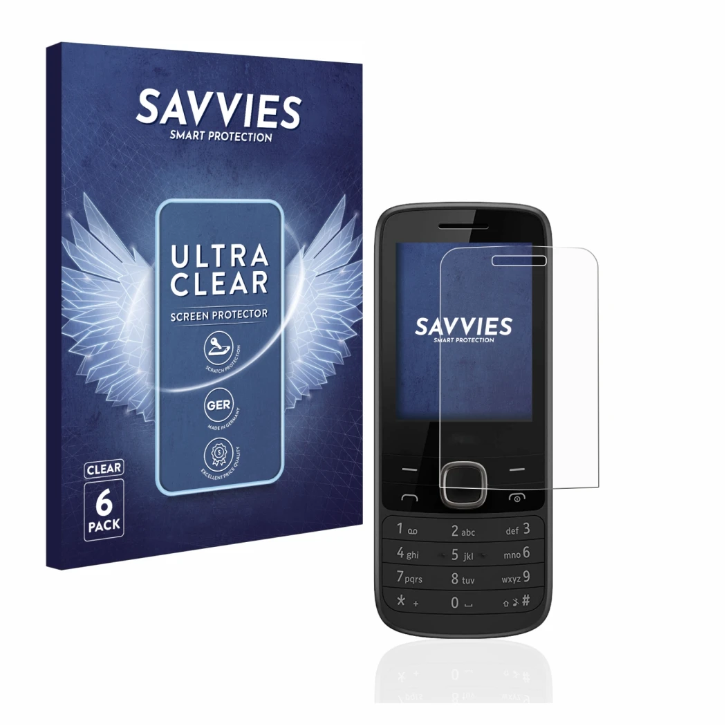 Parte frontal de un envase de producto con el logotipo de la marca Savvies. Al lado se muestra el dispositivo Nokia 225 4G con