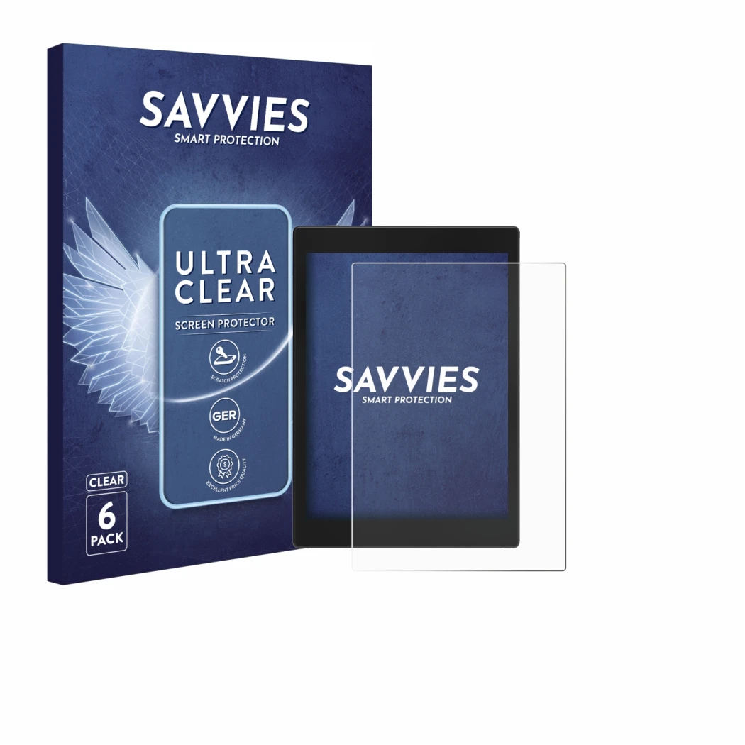 Parte frontal de un envase de producto con el logotipo de la marca Savvies. Al lado se muestra el dispositivo Boox Tab Mini C 