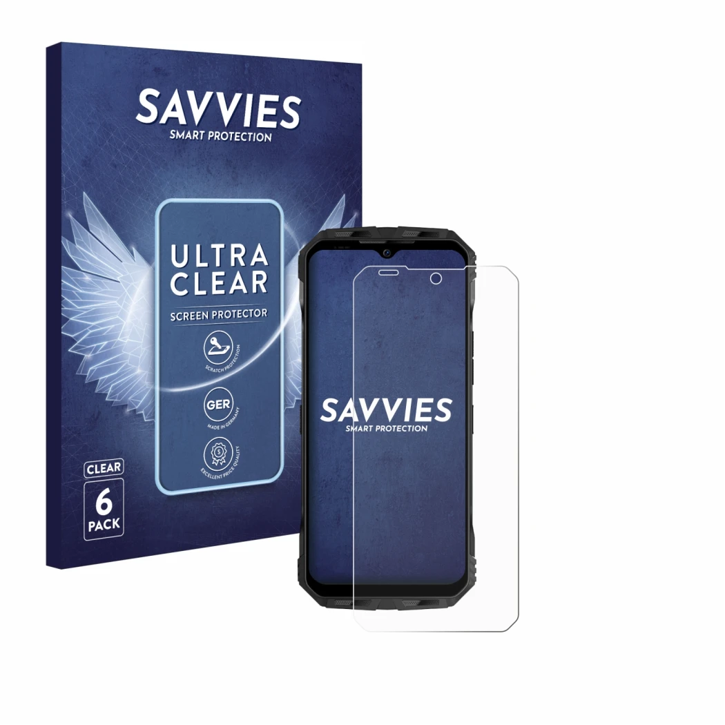 Parte frontal de un envase de producto con el logotipo de la marca Savvies. Al lado se muestra el dispositivo Doogee V Max con