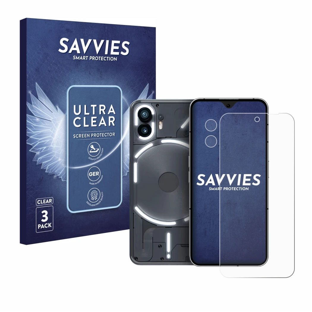 Parte frontal de un envase de producto con el logotipo de la marca Savvies. Al lado se muestra el dispositivo Nothing Phone (2