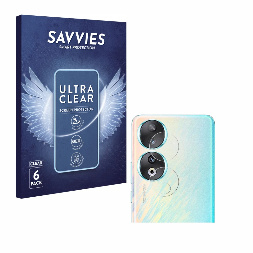 Parte frontal de un envase de producto con el logotipo de la marca Savvies. Al lado se muestra el dispositivo Honor 90 (SÓLO C