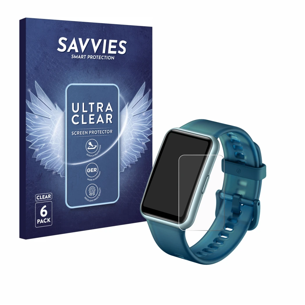 Parte frontal de un envase de producto con el logotipo de la marca Savvies. Al lado se muestra el dispositivo Huawei Watch Fit