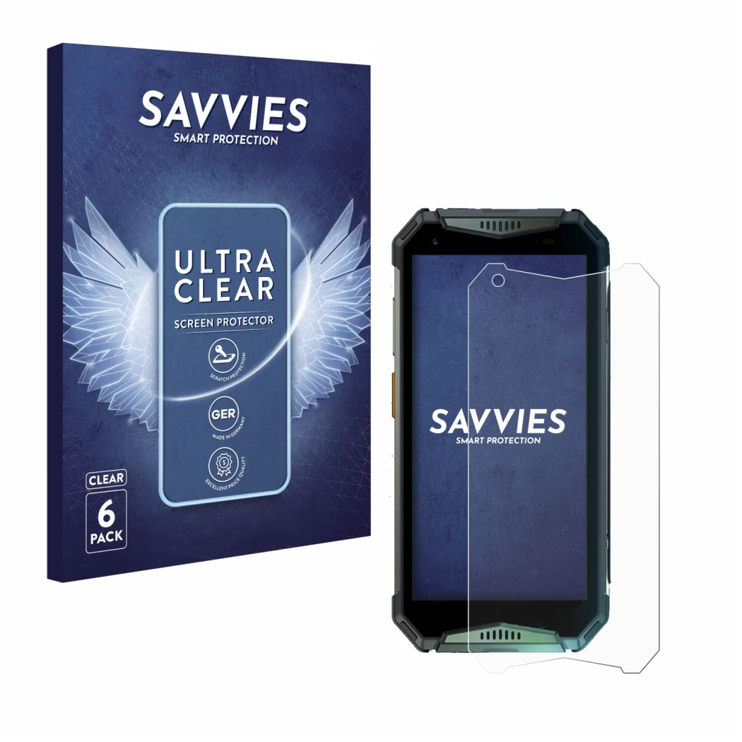 Parte frontal de un envase de producto con el logotipo de la marca Savvies. Al lado se muestra el dispositivo Ulefone Armor 20