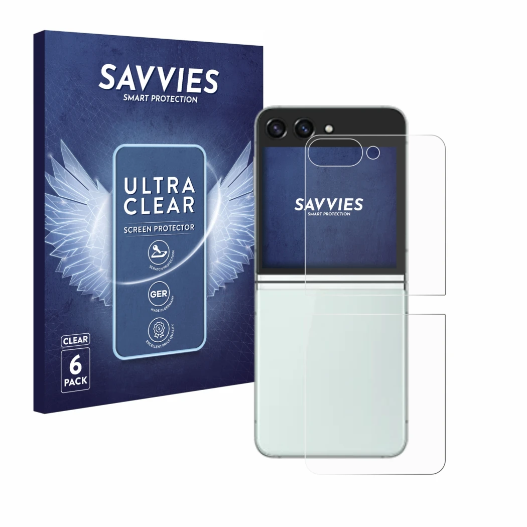 Parte frontal de un envase de producto con el logotipo de la marca Savvies. Al lado se muestra el dispositivo Samsung Galaxy Z