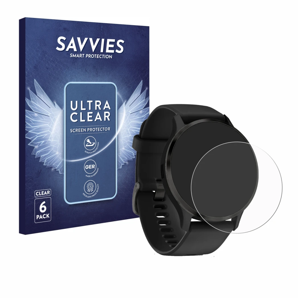 Parte frontal de un envase de producto con el logotipo de la marca Savvies. Al lado se muestra el dispositivo Garmin Venu 3S c