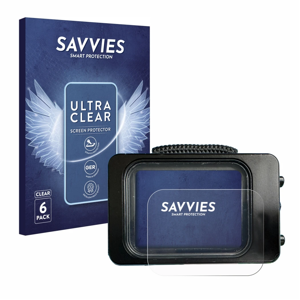 Parte frontal de un envase de producto con el logotipo de la marca Savvies. Al lado se muestra el dispositivo Divesoft Freedom