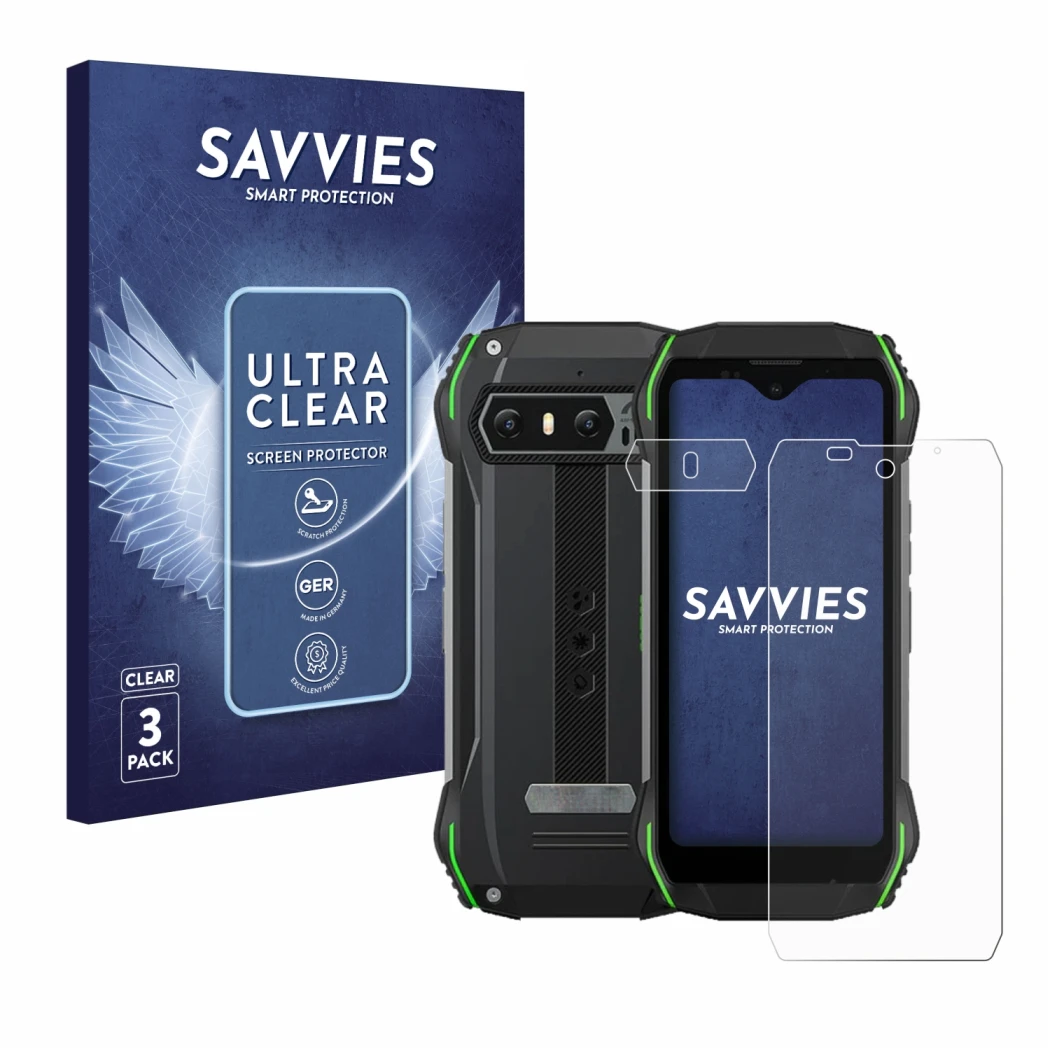 Parte frontal de un envase de producto con el logotipo de la marca Savvies. Al lado se muestra el dispositivo Blackview N6000 