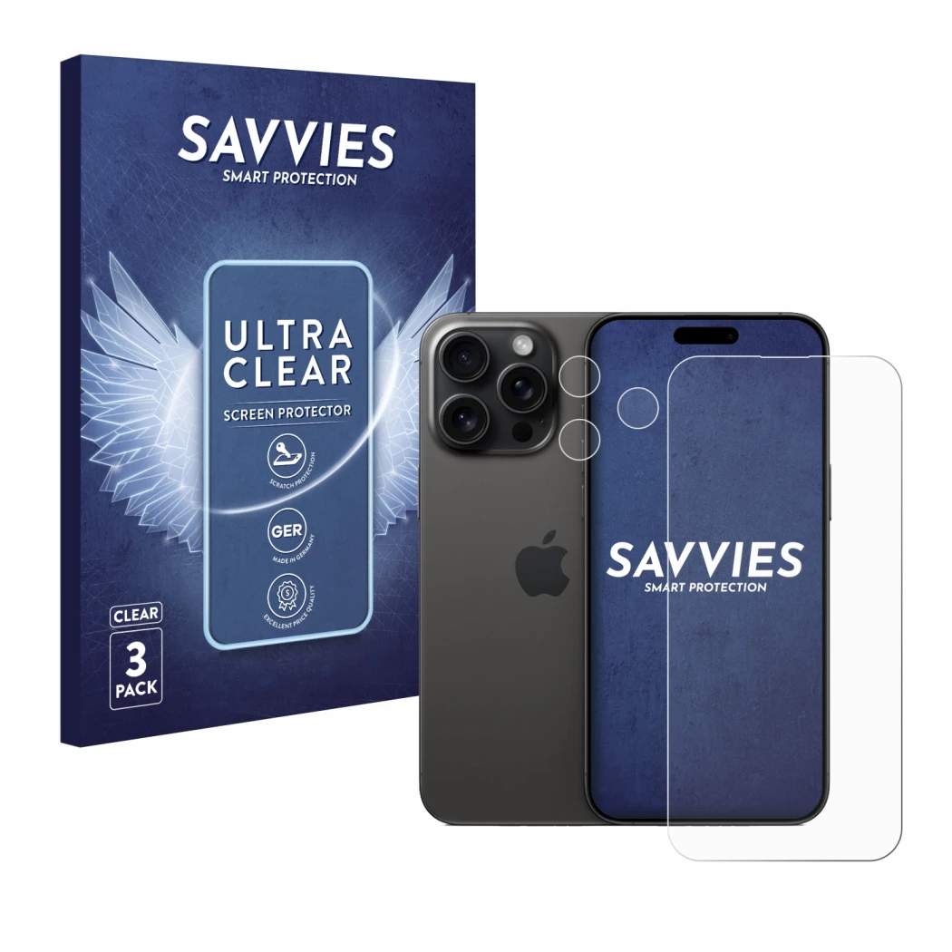 Parte frontal de un envase de producto con el logotipo de la marca Savvies. Al lado se muestra el dispositivo Apple iPhone 15 