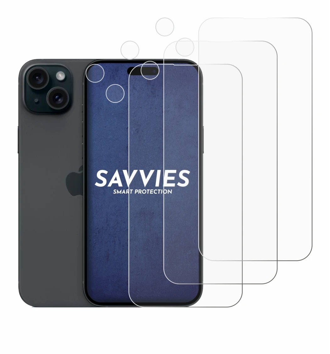 Imagen del dispositivo Apple iPhone 15 Plus (Frontal+Cámara) con una amplia variedad de protectores de pantalla.