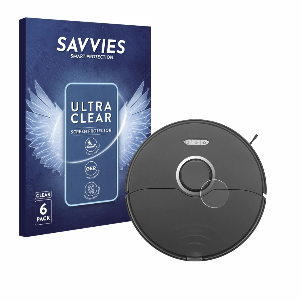 Parte frontal de un envase de producto con el logotipo de la marca Savvies. Al lado se muestra el dispositivo Roborock S8 Lida