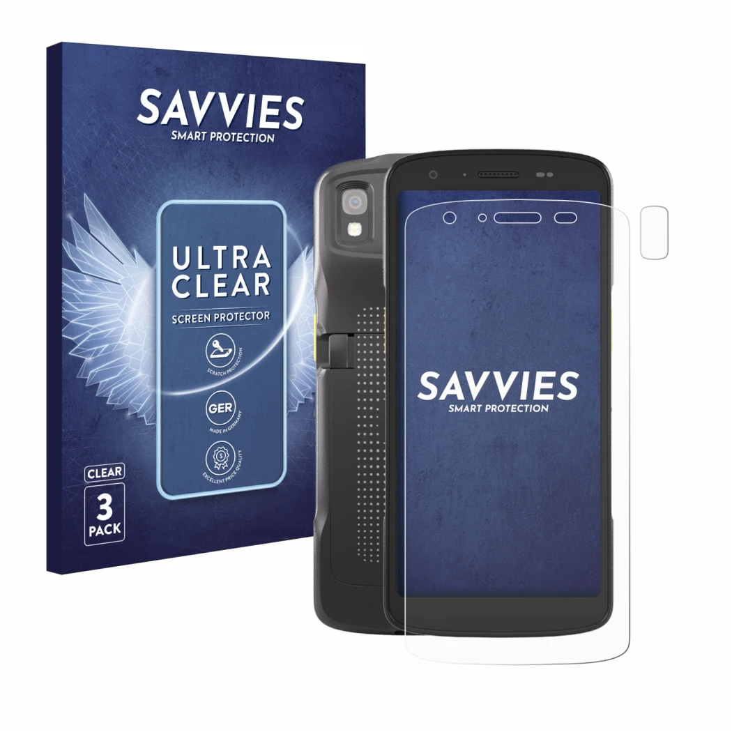 Parte frontal de un envase de producto con el logotipo de la marca Savvies. Al lado se muestra el dispositivo Zebra TC27 (Fron