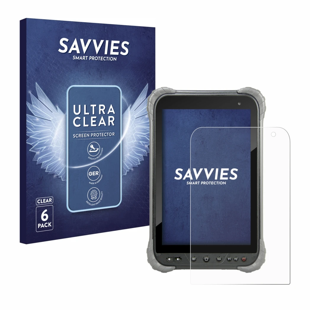 Parte frontal de un envase de producto con el logotipo de la marca Savvies. Al lado se muestra el dispositivo Juniper Systems 