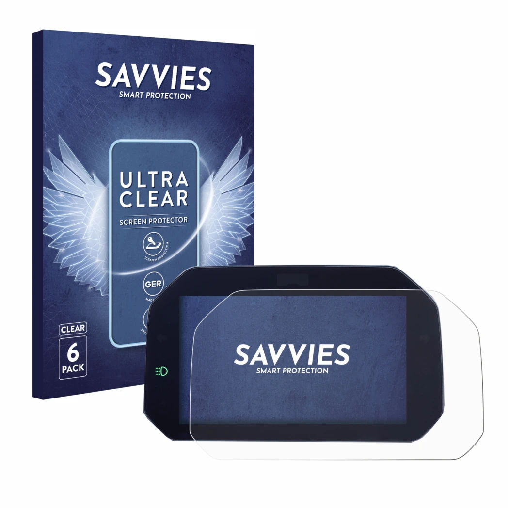 Parte frontal de un envase de producto con el logotipo de la marca Savvies. Al lado se muestra el dispositivo BMW R 1300 GS TF