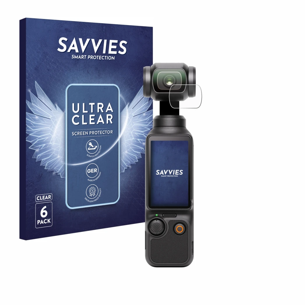 Parte frontal de un envase de producto con el logotipo de la marca Savvies. Al lado se muestra el dispositivo DJI Osmo Pocket 