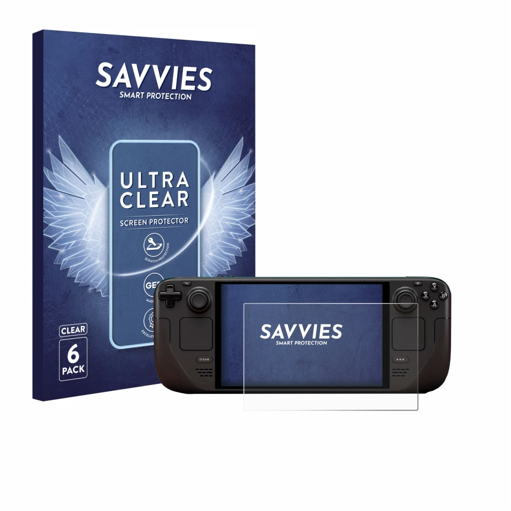 Parte frontal de un envase de producto con el logotipo de la marca Savvies. Al lado se muestra el dispositivo Valve Steam Deck