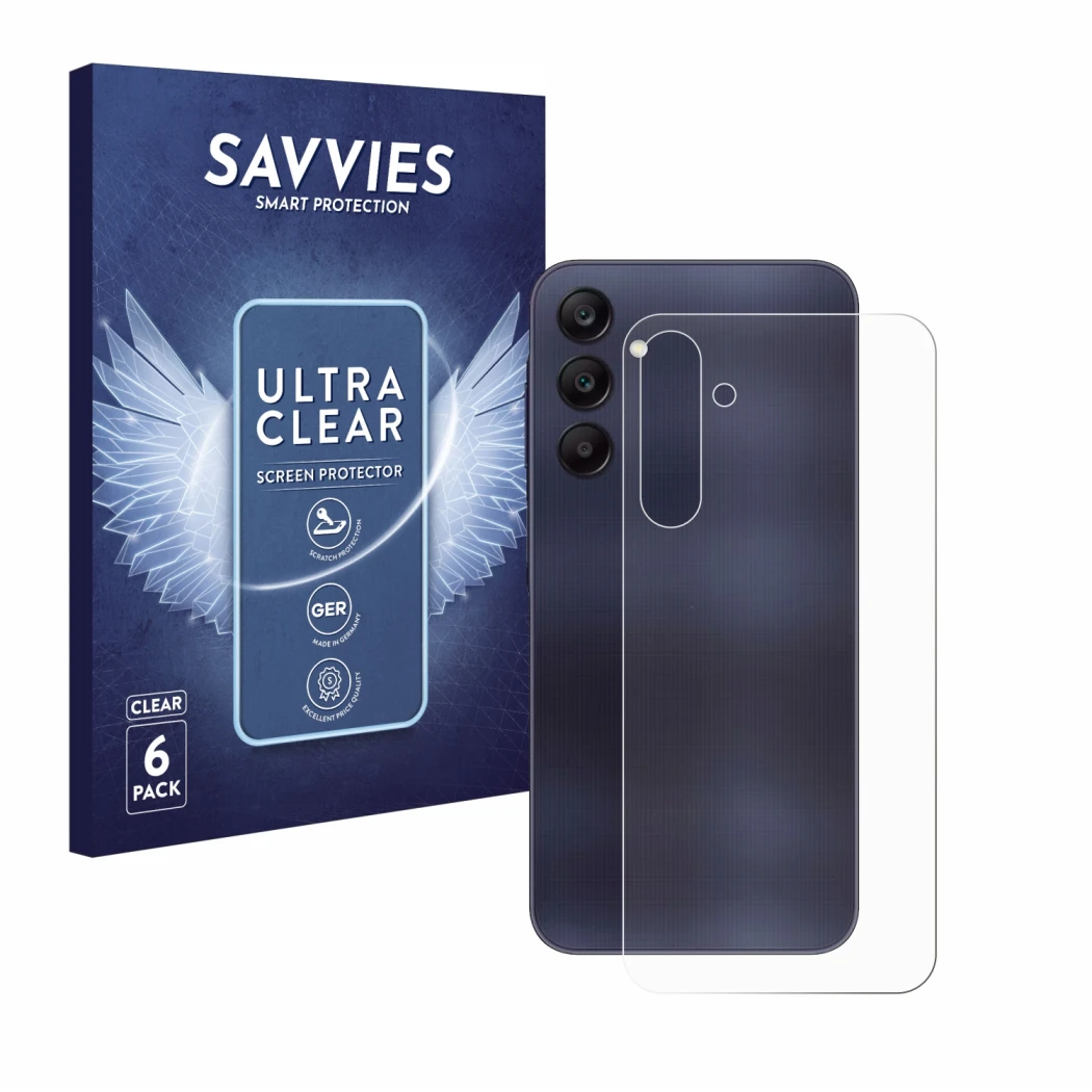 Parte frontal de un envase de producto con el logotipo de la marca Savvies. Al lado se muestra el dispositivo Samsung Galaxy A