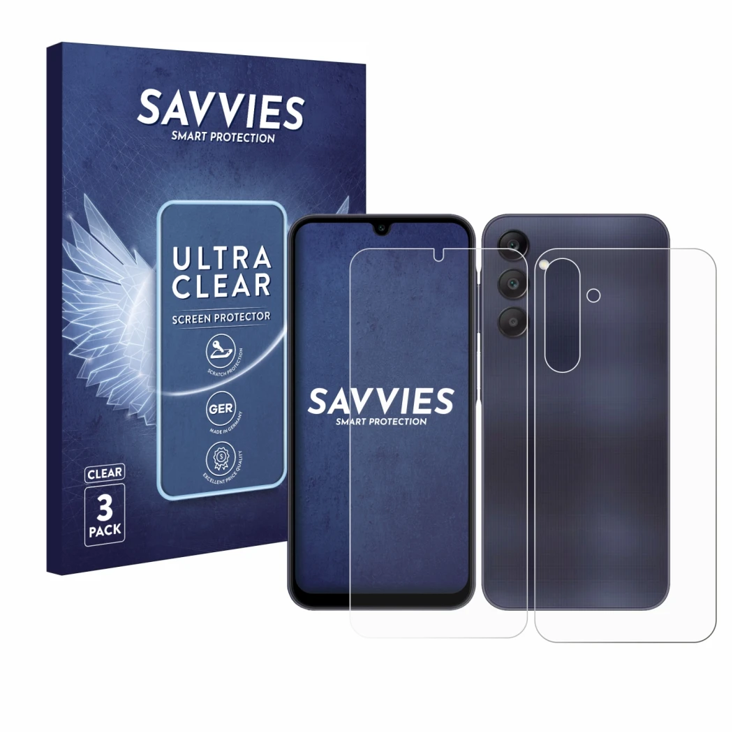 Parte frontal de un envase de producto con el logotipo de la marca Savvies. Al lado se muestra el dispositivo Samsung Galaxy A