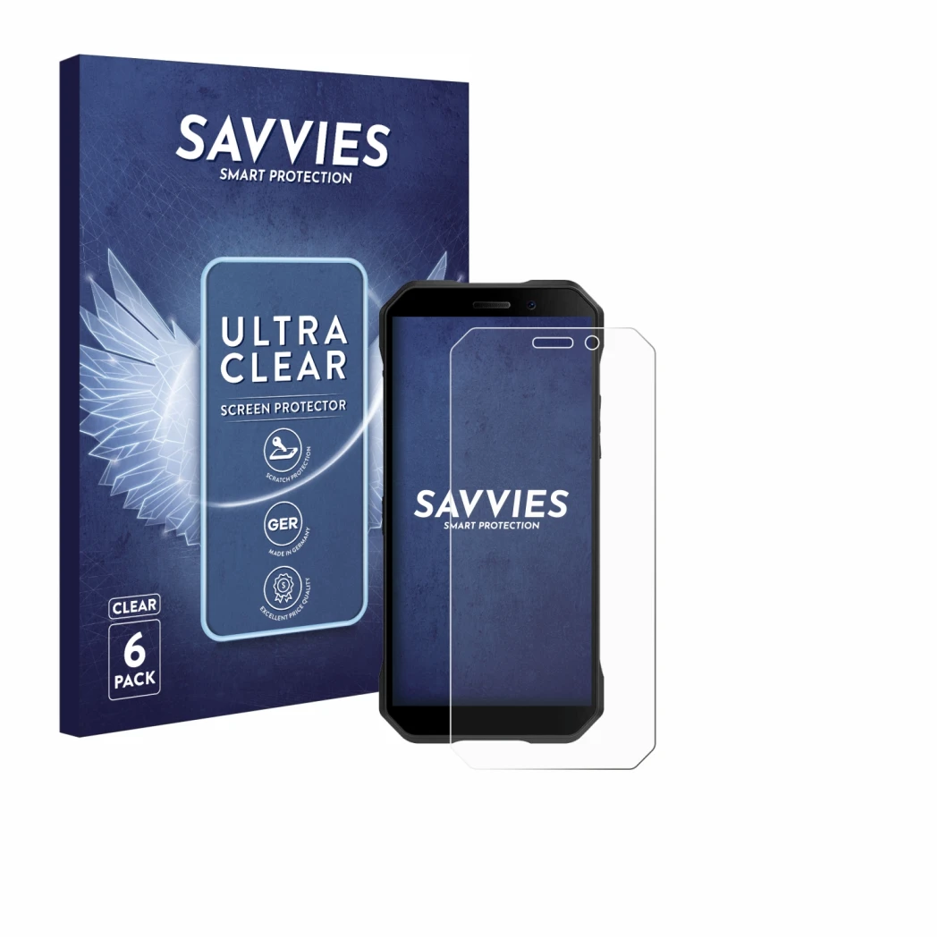 Parte frontal de un envase de producto con el logotipo de la marca Savvies. Al lado se muestra el dispositivo Doogee S61 Pro c