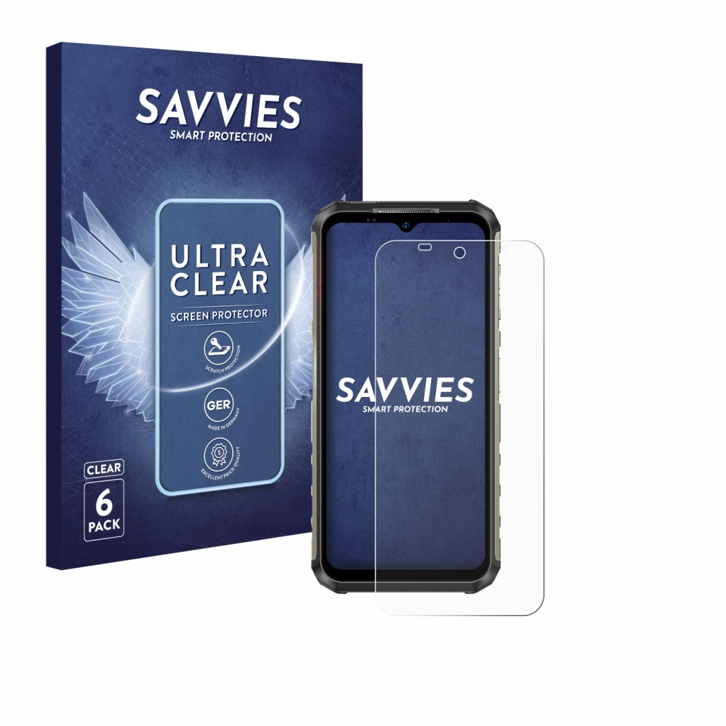 Parte frontal de un envase de producto con el logotipo de la marca Savvies. Al lado se muestra el dispositivo Ulefone Armor 22