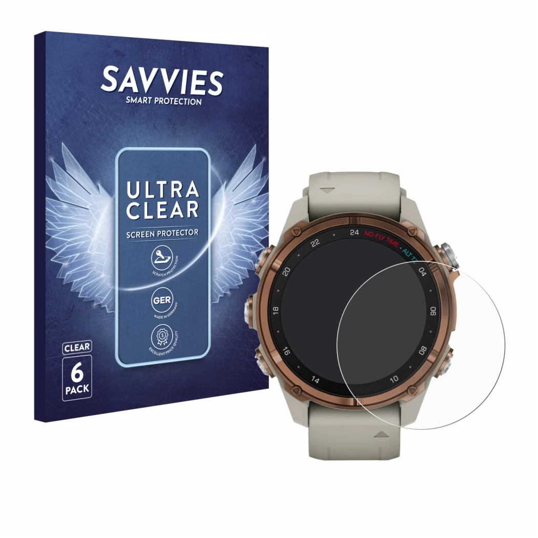 Parte frontal de un envase de producto con el logotipo de la marca Savvies. Al lado se muestra el dispositivo Garmin Descent M