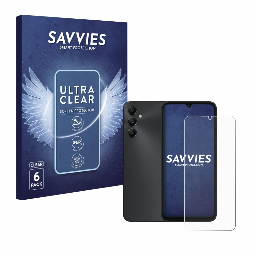 Parte frontal de un envase de producto con el logotipo de la marca Savvies. Al lado se muestra el dispositivo Samsung Galaxy A