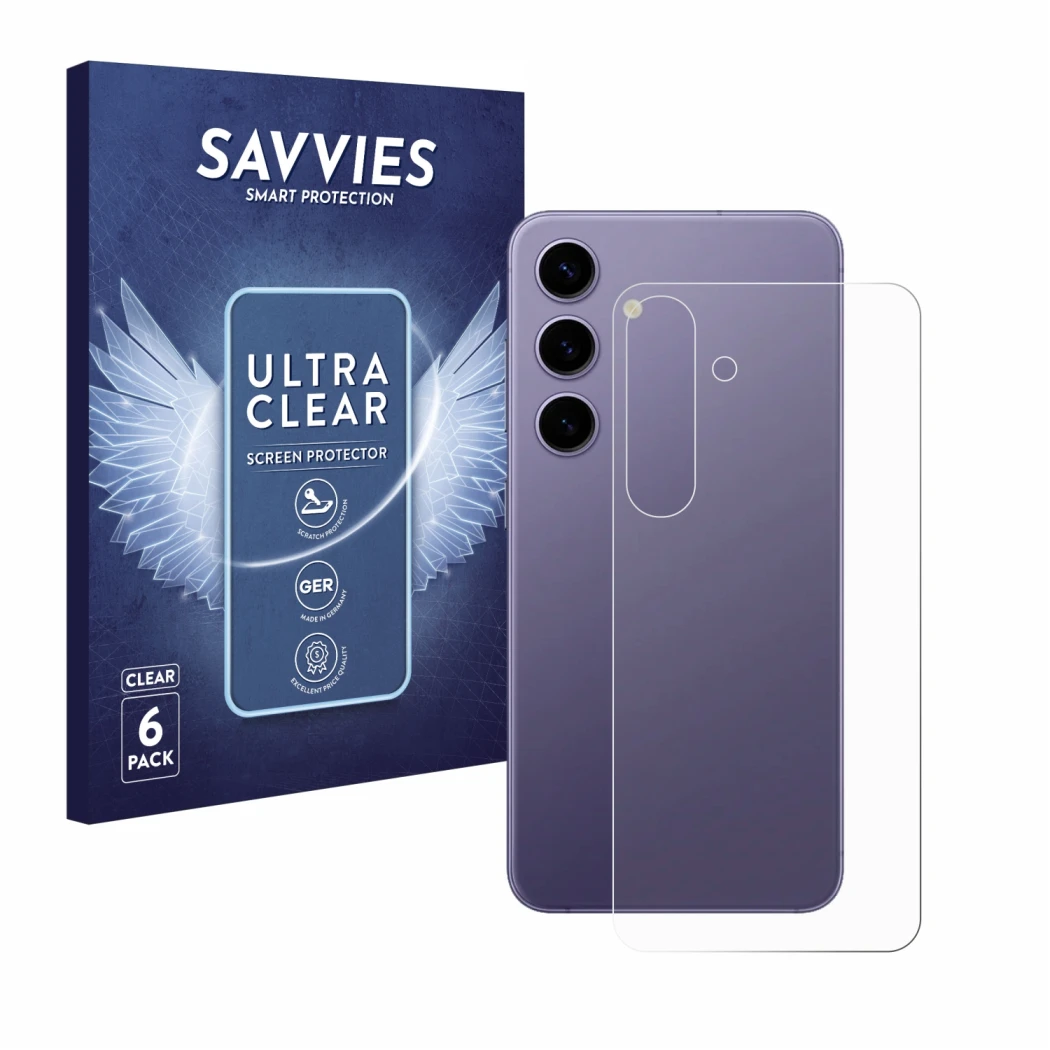 Parte frontal de un envase de producto con el logotipo de la marca Savvies. Al lado se muestra el dispositivo Samsung Galaxy S