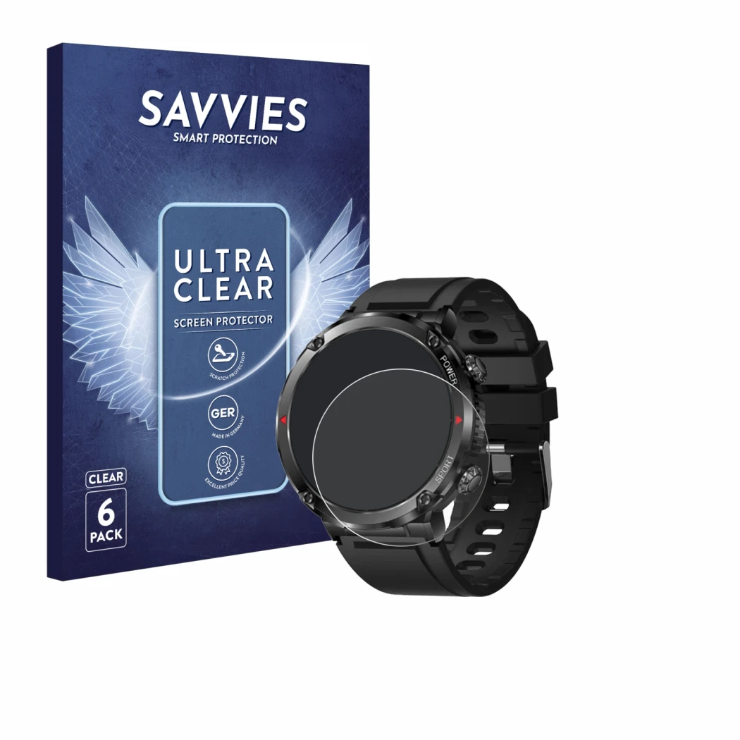 Parte frontal de un envase de producto con el logotipo de la marca Savvies. Al lado se muestra el dispositivo LIGE Smartwatch 
