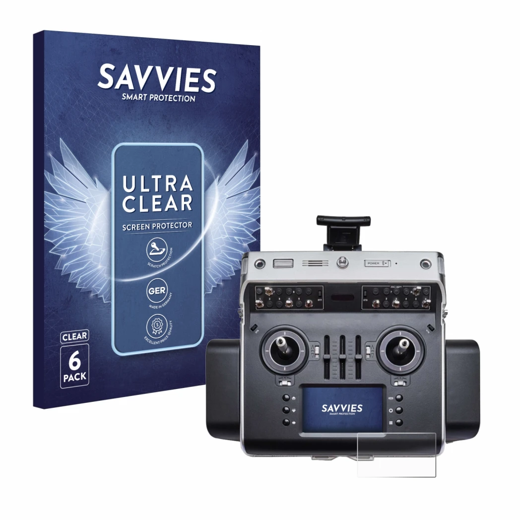 Parte frontal de un envase de producto con el logotipo de la marca Savvies. Al lado se muestra el dispositivo Graupner MC-32ex