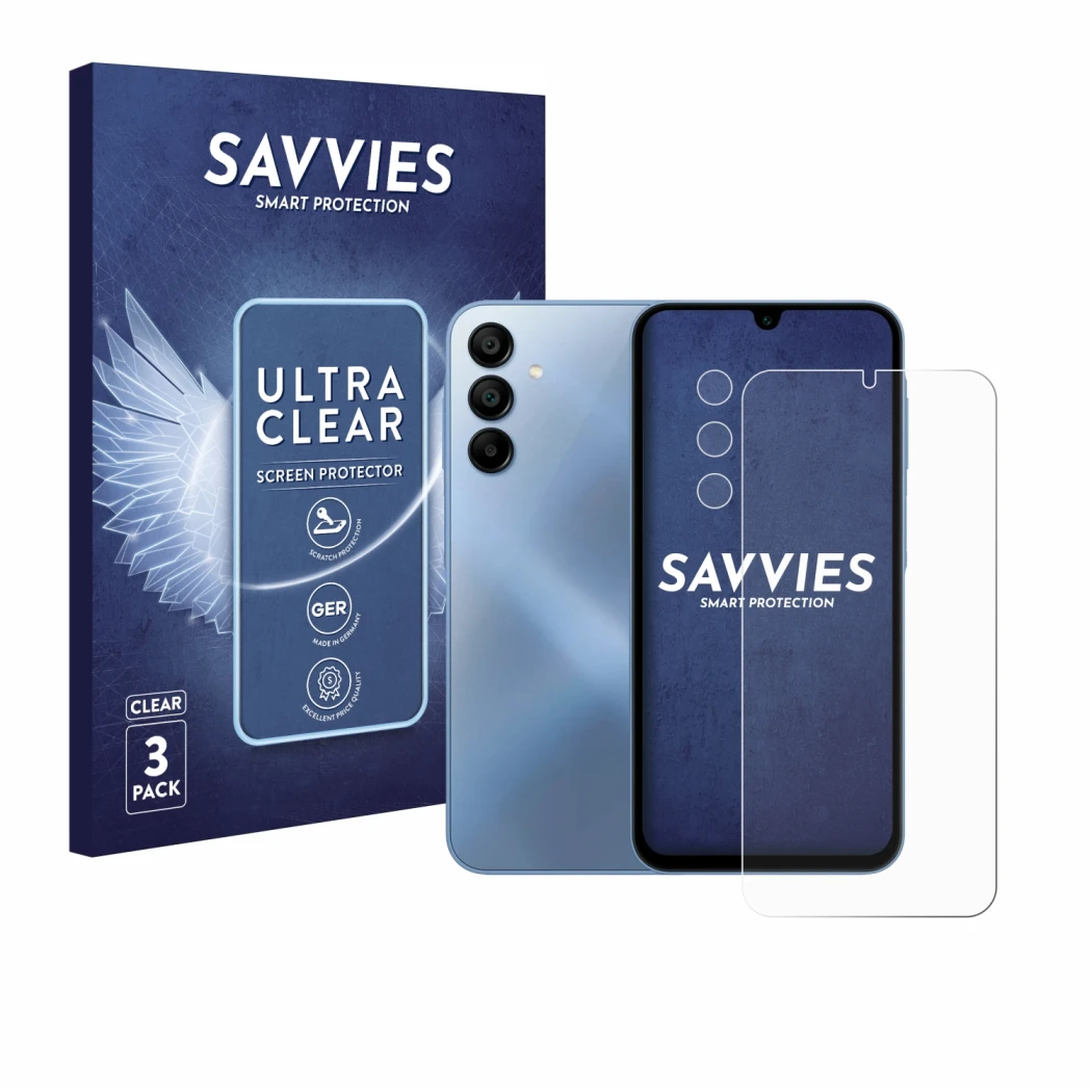 Parte frontal de un envase de producto con el logotipo de la marca Savvies. Al lado se muestra el dispositivo Samsung Galaxy A