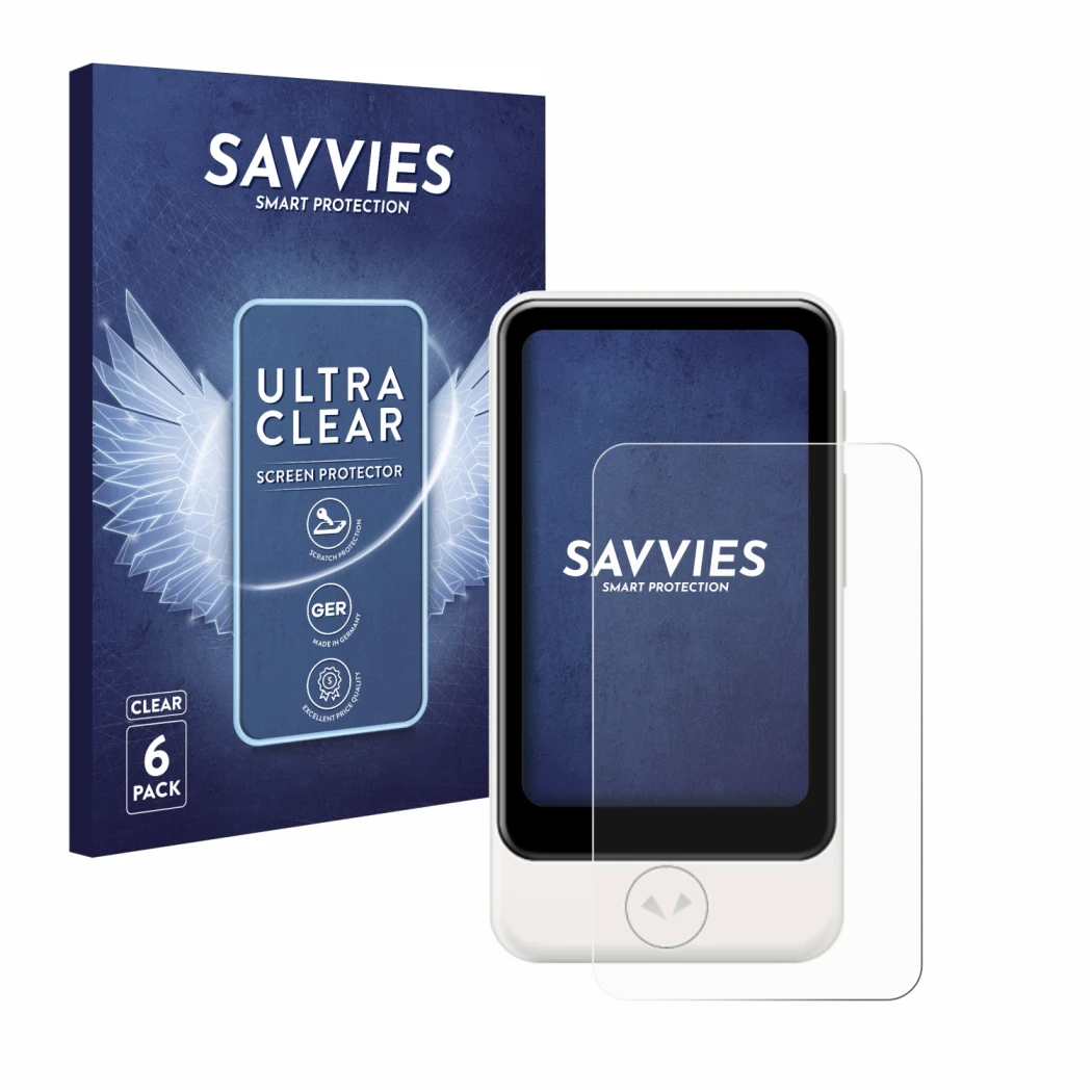 Parte frontal de un envase de producto con el logotipo de la marca Savvies. Al lado se muestra el dispositivo Pocketalk Plus c