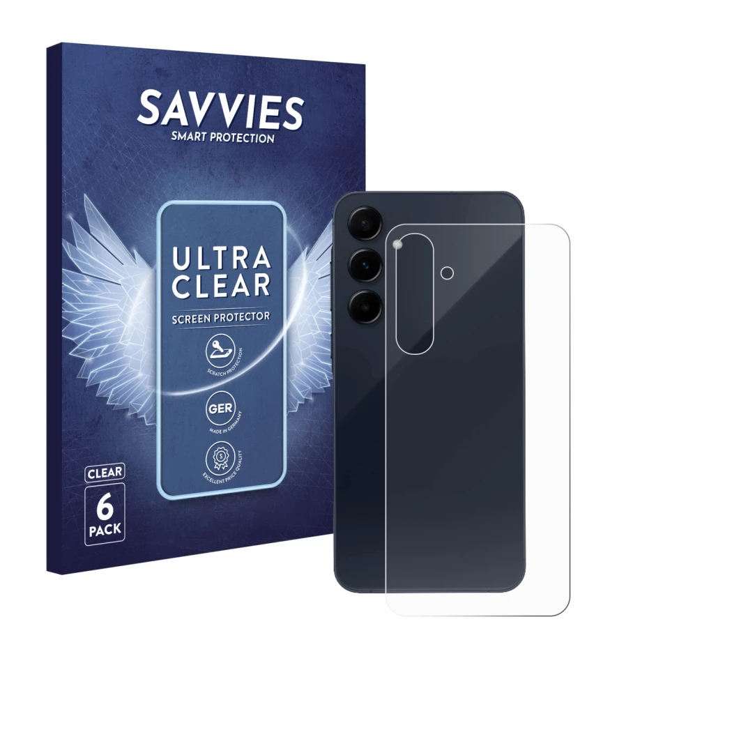 Parte frontal de un envase de producto con el logotipo de la marca Savvies. Al lado se muestra el dispositivo Samsung Galaxy A