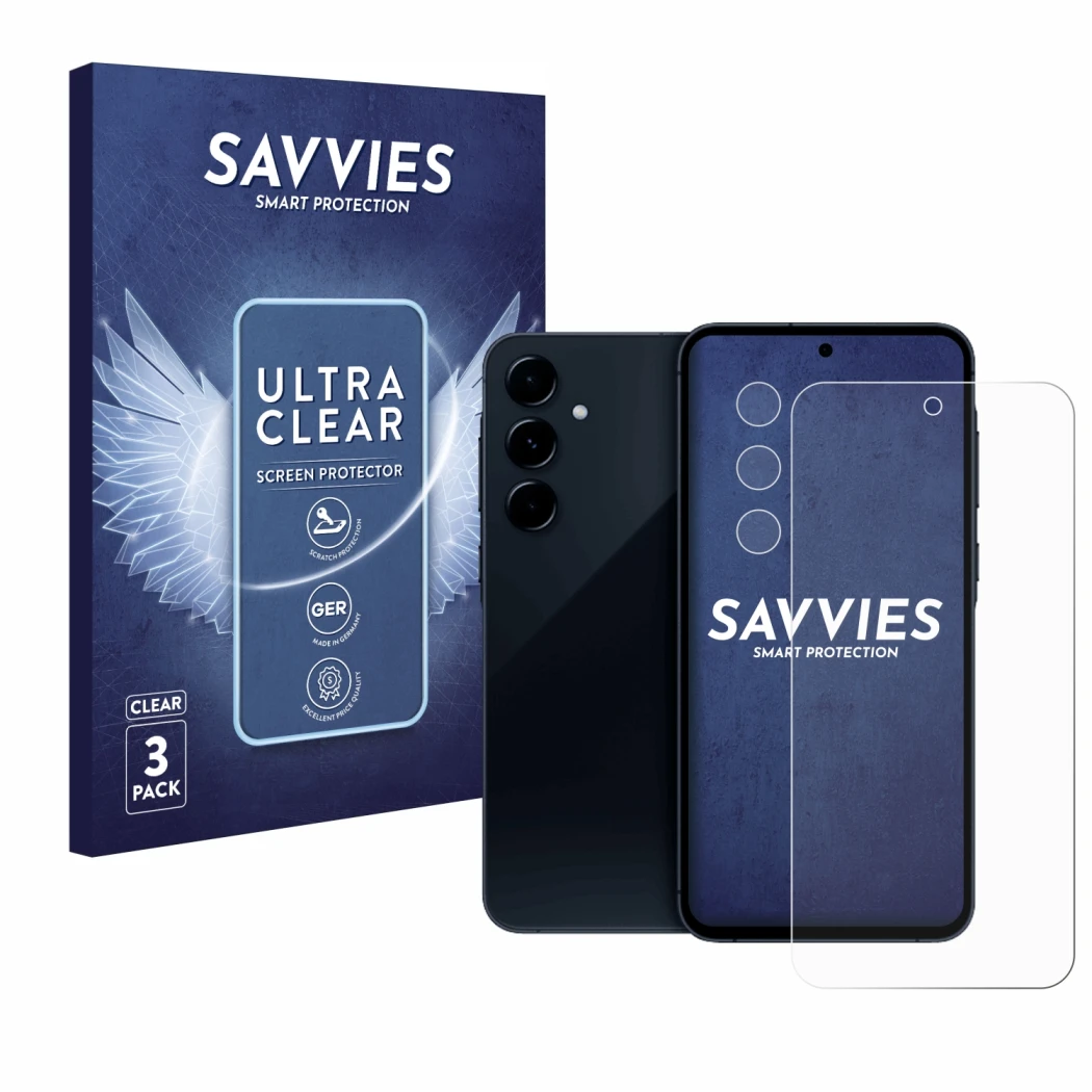 Parte frontal de un envase de producto con el logotipo de la marca Savvies. Al lado se muestra el dispositivo Samsung Galaxy A