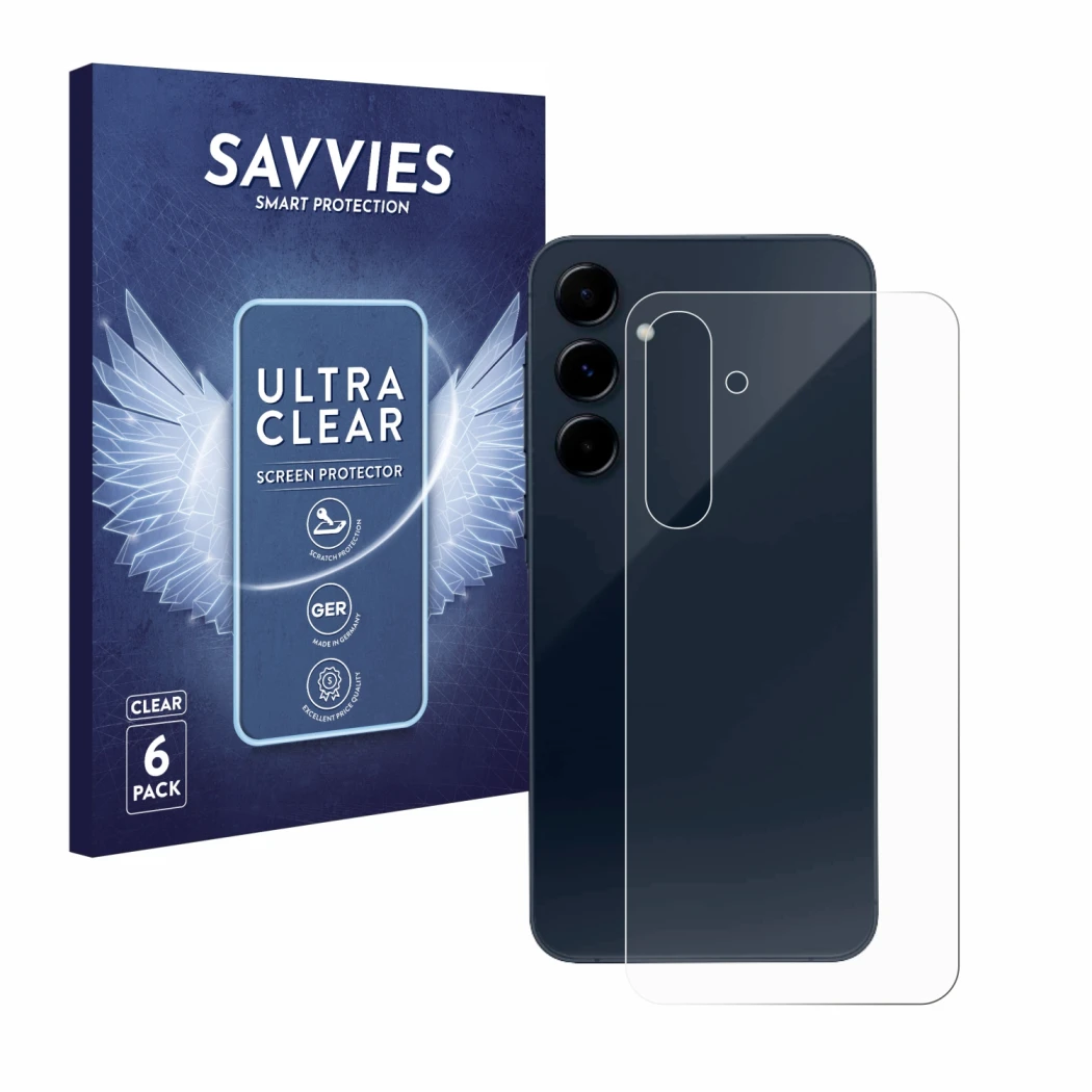 Parte frontal de un envase de producto con el logotipo de la marca Savvies. Al lado se muestra el dispositivo Samsung Galaxy A