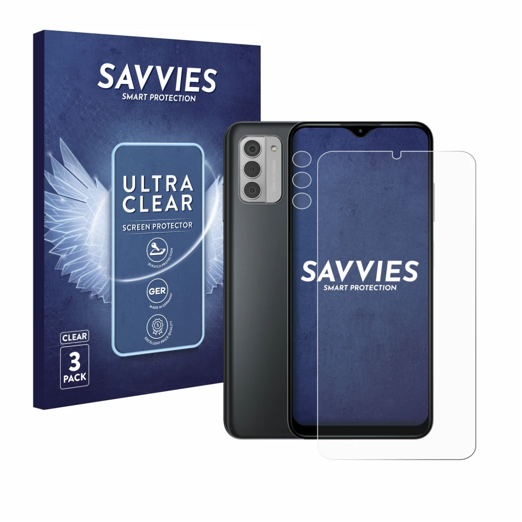 Parte frontal de un envase de producto con el logotipo de la marca Savvies. Al lado se muestra el dispositivo Nokia G42 5G (Fr