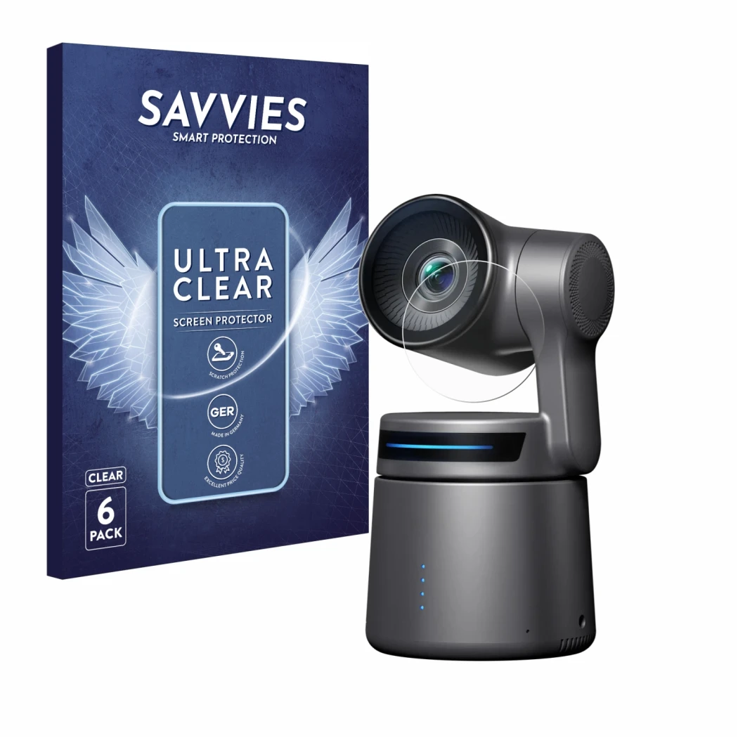 Parte frontal de un envase de producto con el logotipo de la marca Savvies. Al lado se muestra el dispositivo OBSBOT Tail Air 