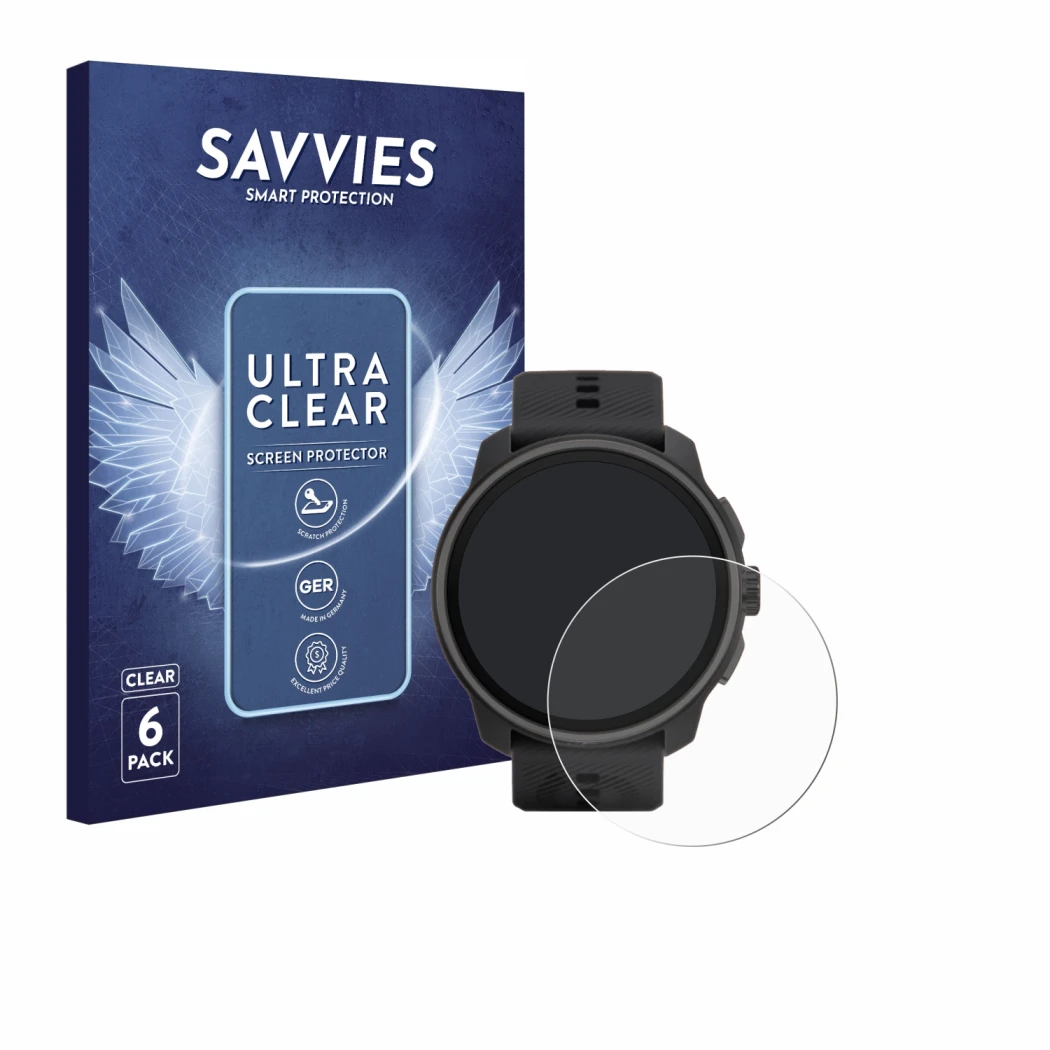 Parte frontal de un envase de producto con el logotipo de la marca Savvies. Al lado se muestra el dispositivo Suunto Race S co