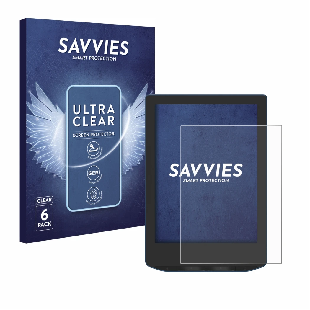 Parte frontal de un envase de producto con el logotipo de la marca Savvies. Al lado se muestra el dispositivo PocketBook Verse