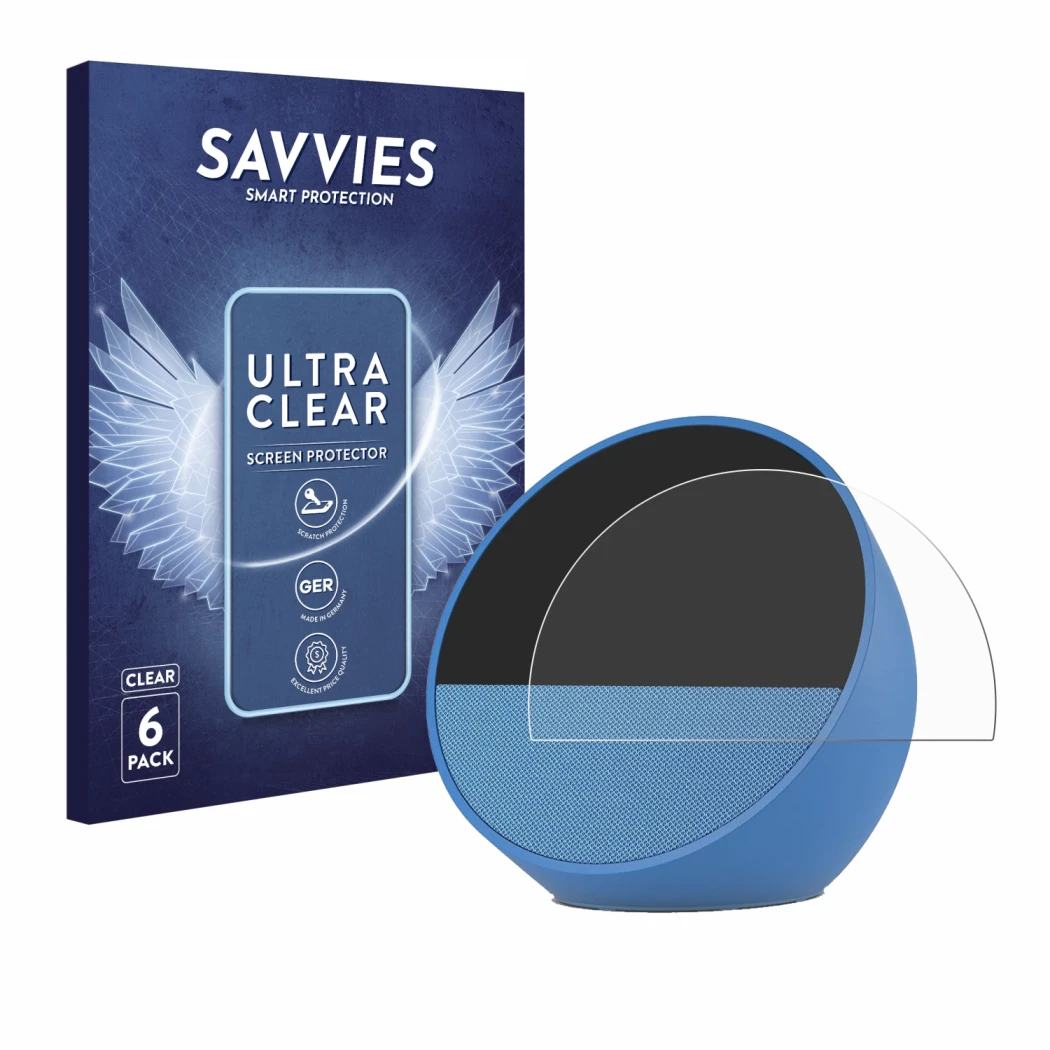 Parte frontal de un envase de producto con el logotipo de la marca Savvies. Al lado se muestra el dispositivo Amazon Echo Spot