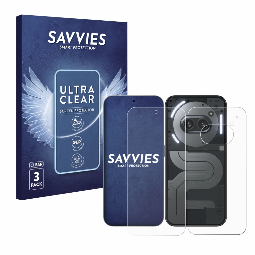 Parte frontal de un envase de producto con el logotipo de la marca Savvies. Al lado se muestra el dispositivo Nothing Phone (2