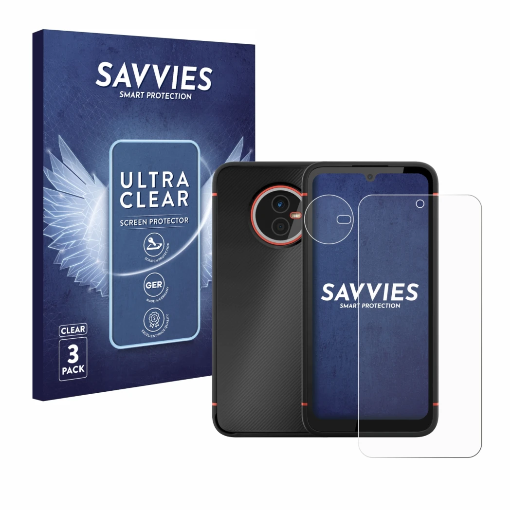 Parte frontal de un envase de producto con el logotipo de la marca Savvies. Al lado se muestra el dispositivo Gigaset GX4 Pro 