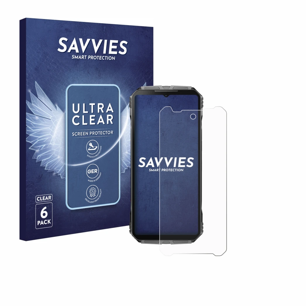 Parte frontal de un envase de producto con el logotipo de la marca Savvies. Al lado se muestra el dispositivo Doogee V40 Pro c