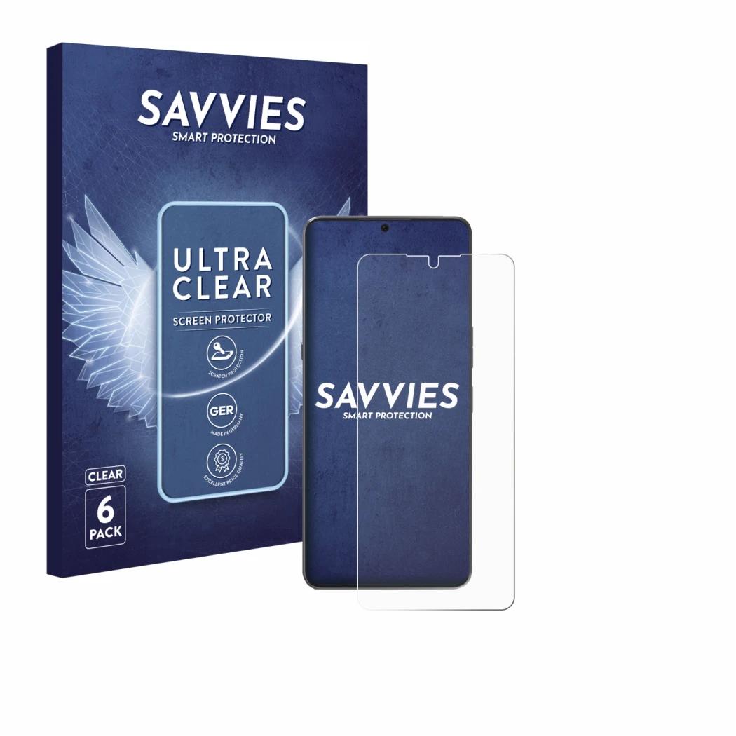 Parte frontal de un envase de producto con el logotipo de la marca Savvies. Al lado se muestra el dispositivo Cubot Max 5 con 