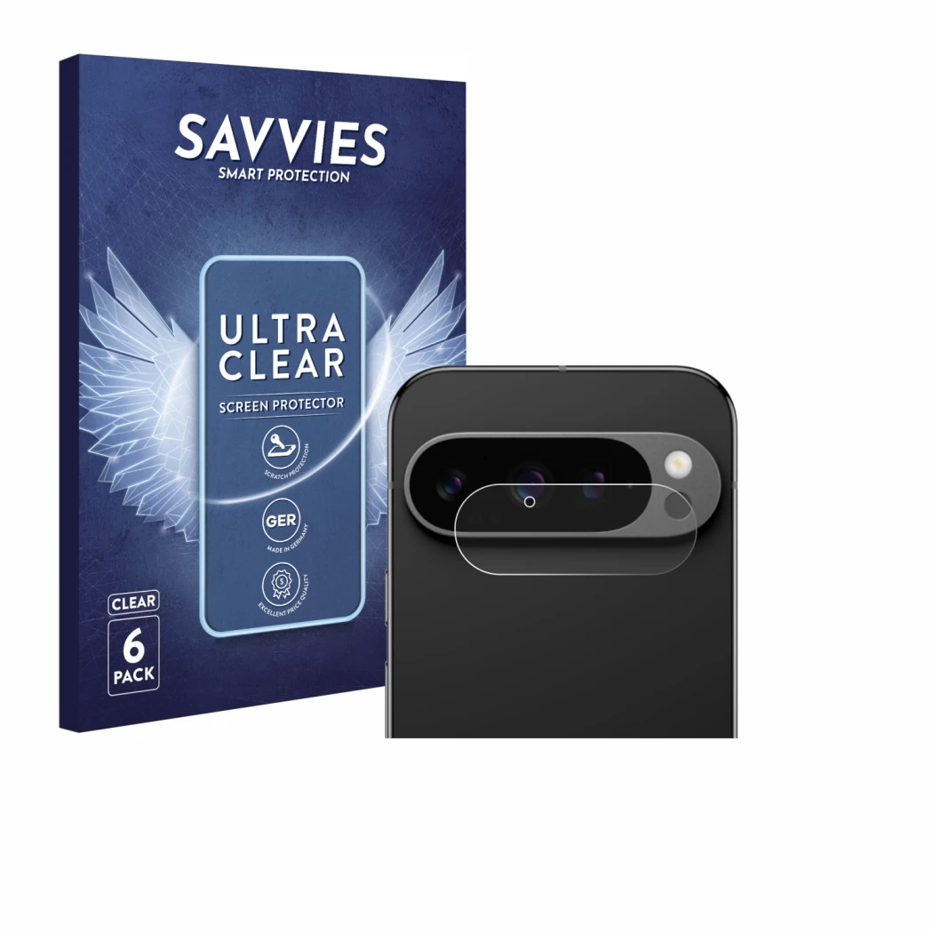 Parte frontal de un envase de producto con el logotipo de la marca Savvies. Al lado se muestra el dispositivo Google Pixel 9 P