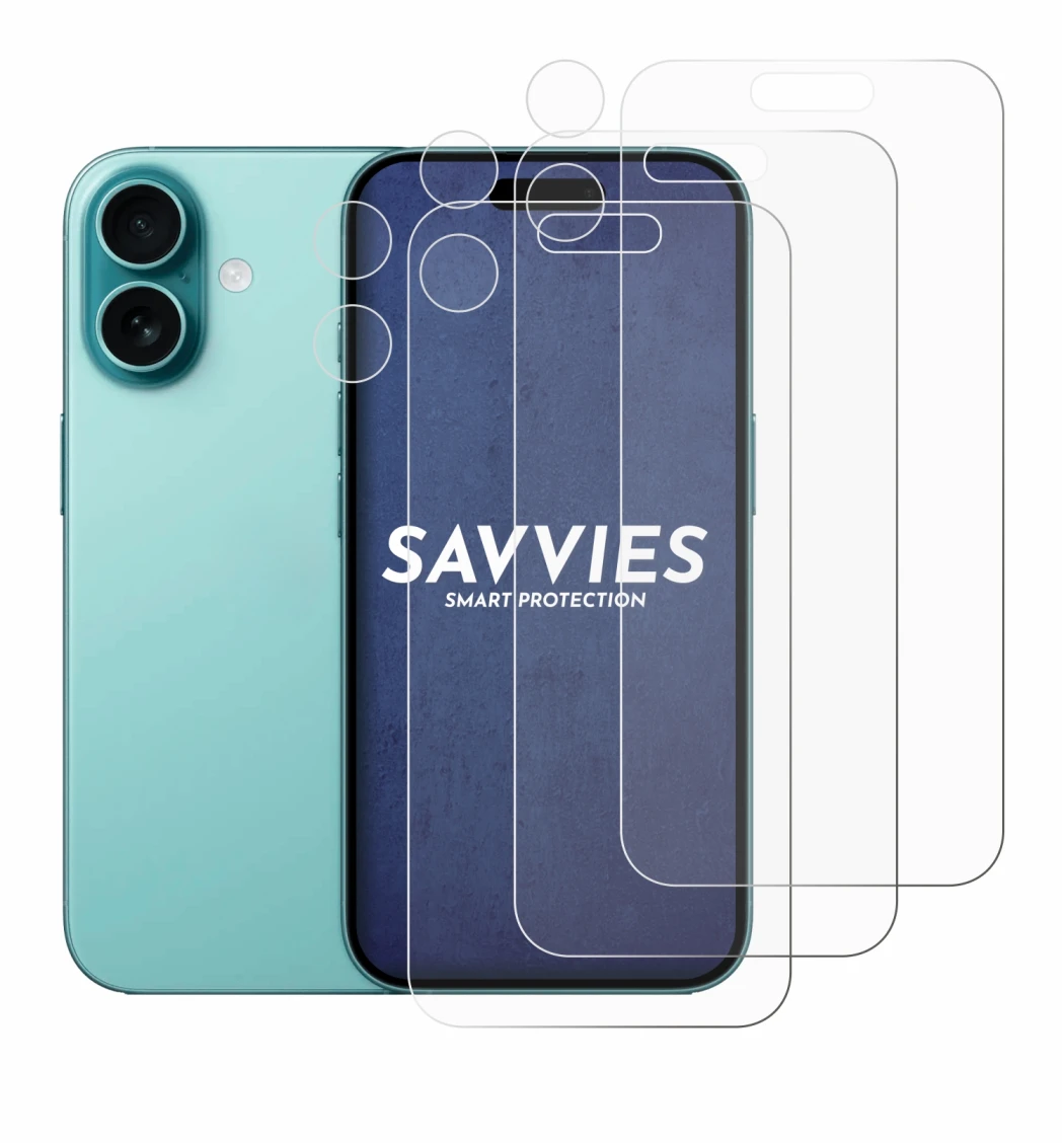 Imagen del dispositivo Apple iPhone 16 (Frontal+Cámara) con una amplia variedad de protectores de pantalla.