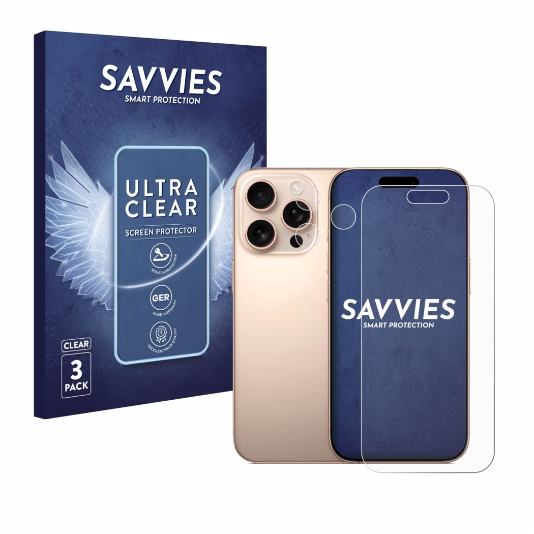 Parte frontal de un envase de producto con el logotipo de la marca Savvies. Al lado se muestra el dispositivo Apple iPhone 16 