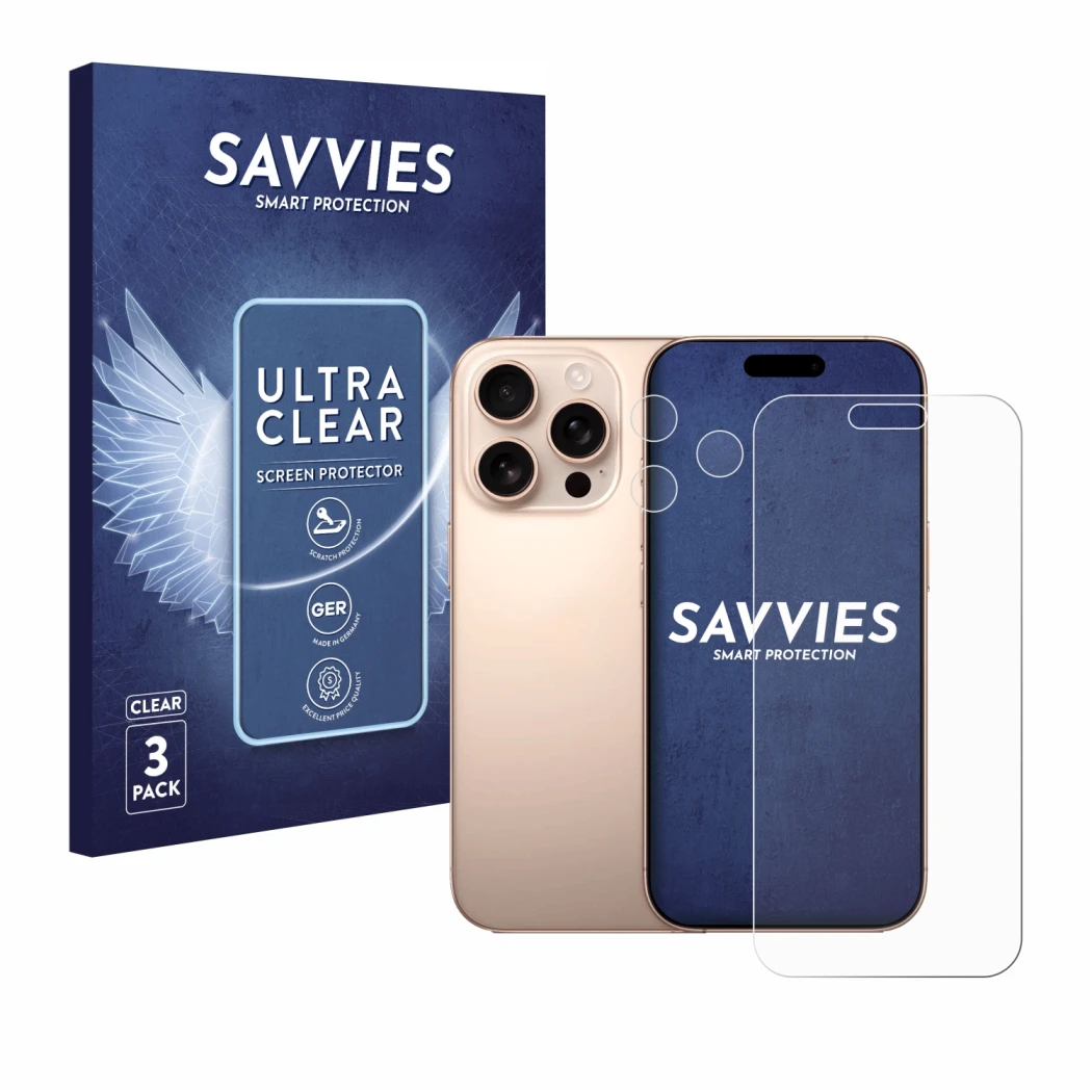 Parte frontal de un envase de producto con el logotipo de la marca Savvies. Al lado se muestra el dispositivo Apple iPhone 16 